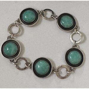 Vintage Sterling Silver Amazonite Cabochon Link Bracelet 925 Mexican Artisan 24g
